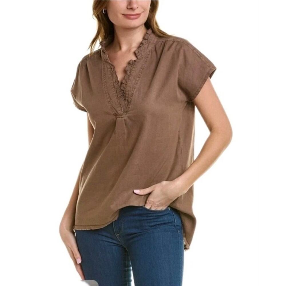 XCVI Wearables Idra Ruffle Neck Linen Blend Top Faded Brown Blouse Women's M